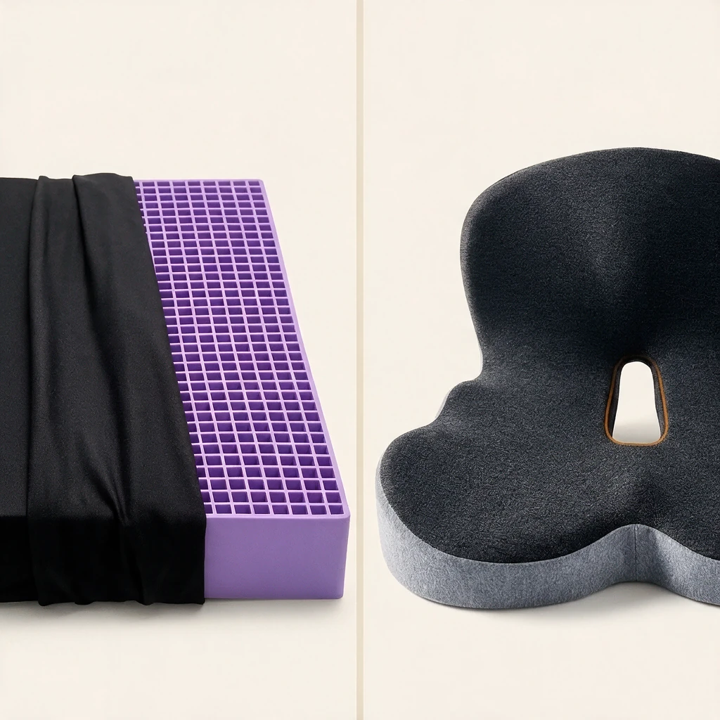 Close-up comparison: a purple grid-style cushion with its cover partly folded back on the left; OrthoBase with an amber-outlined central cutout on the right.
