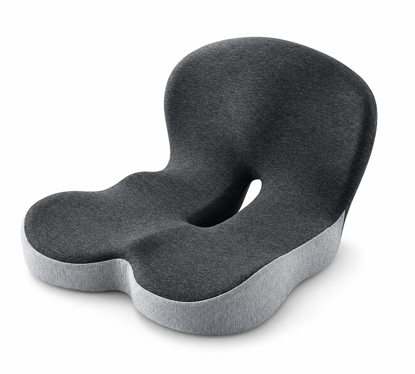 OrthoBase cushion with a black contoured top, gray sides and central cutout on a white background.