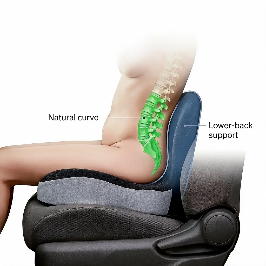 Illustrated seated posture with OrthoBase beneath and behind the person, with labels for the natural lower-back curve and lower-back support.