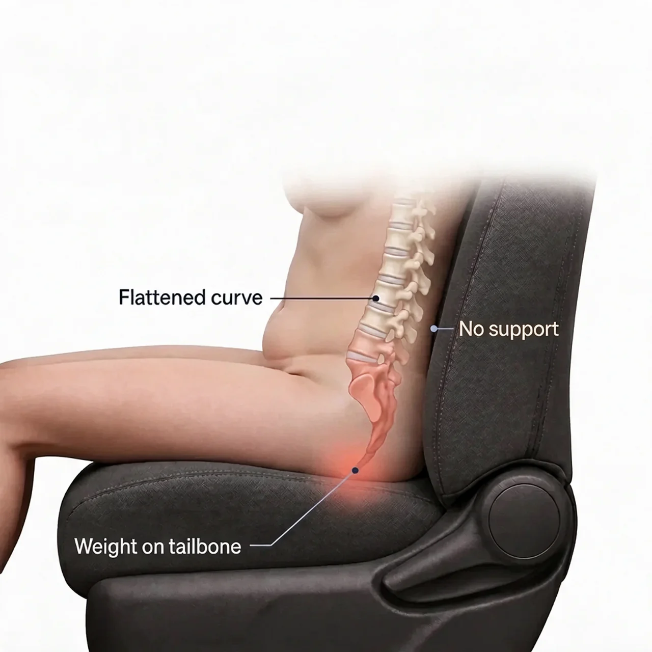 Illustrated seated posture without OrthoBase, with labels for the flattened lower-back curve, missing support and tailbone area.
