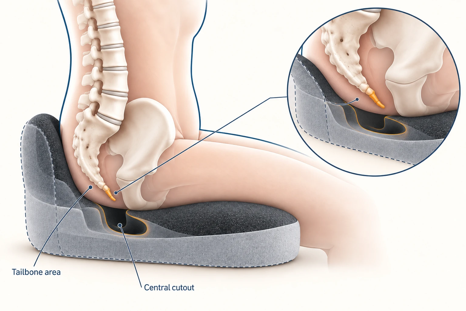 Conceptual side-view cutaway of a seated body and cushion, with the tailbone area highlighted and a circular detail of the central opening.